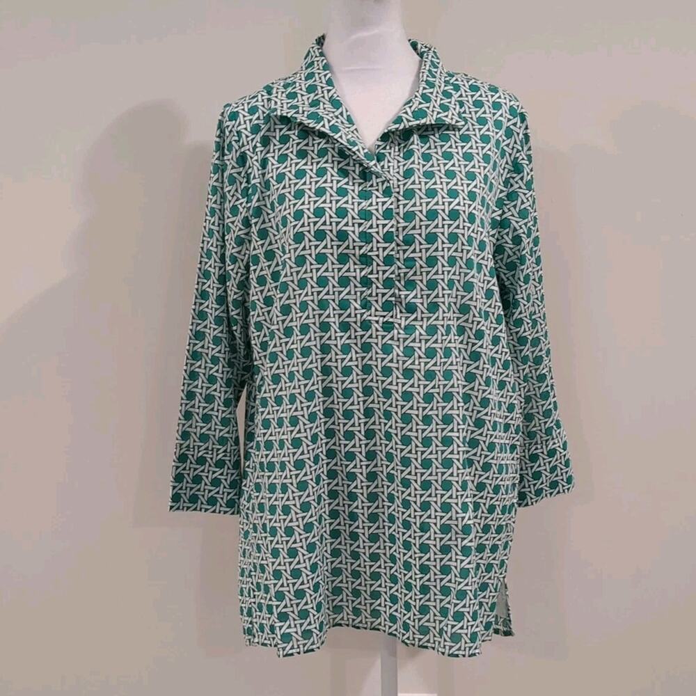 Jude Connally Shirt Blouse Womens Small Green Geometric 3/4 Sleeve Tunic New